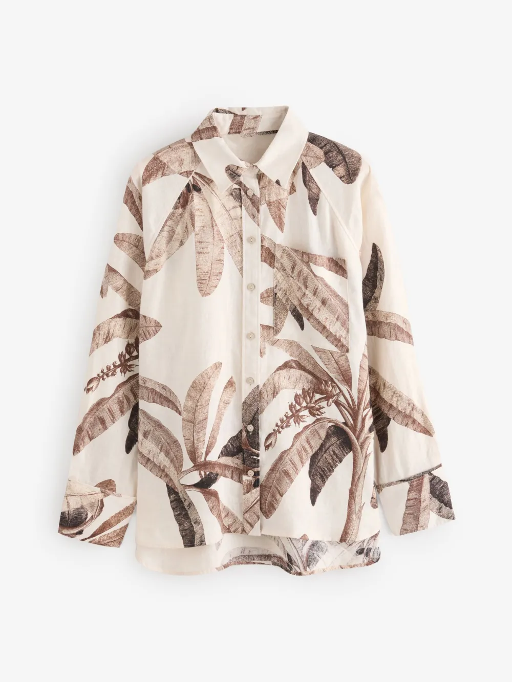Ecru Palm Print Linen Flat Collar Loose Long Sleeve Shirt