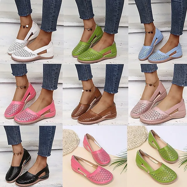Women's Sandals Wedge Sandals Comfort Shoes Plus Size Outdoor Work Daily Summer Hollow Out Flat Heel Round Toe Classic Casual Minimalism Walking Shoes Faux Leather Loafer Solid Color Solid Colored