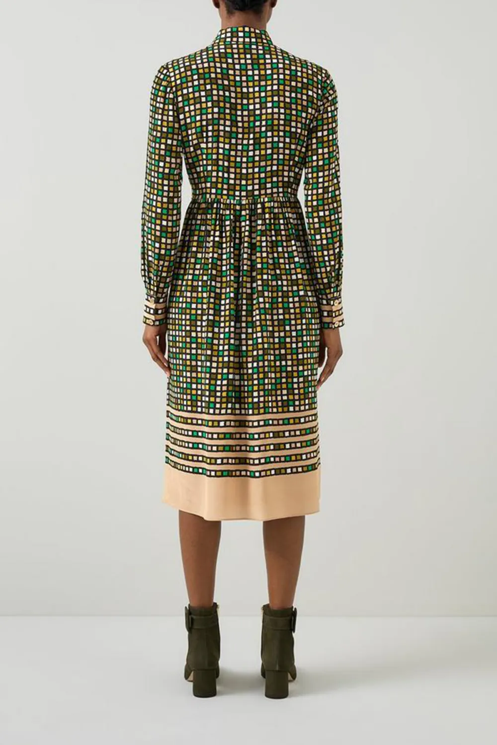 Green Checkered Tie Neck Two Tone Dress