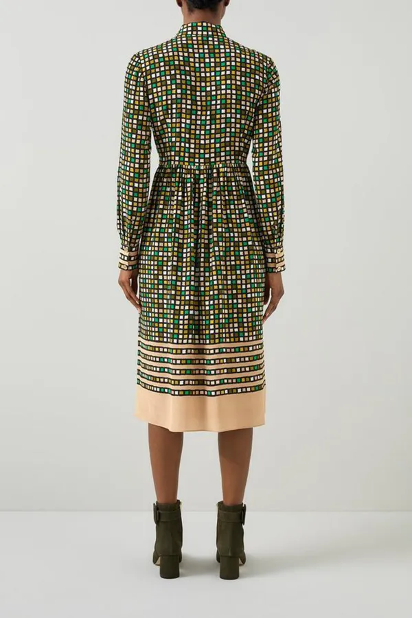 Green Checkered Tie Neck Two Tone Dress