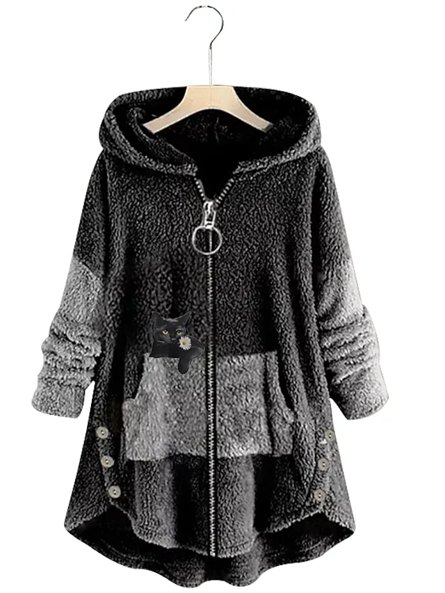 Women's Plus Size Teddy Coat Animal Cat Causal House Long Sleeve V Wire Regular Fall Winter Green Pink Dark Gray L XL XXL 3XL 4XL / Loose Fit