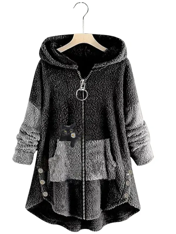 Women's Plus Size Teddy Coat Animal Cat Causal House Long Sleeve V Wire Regular Fall Winter Green Pink Dark Gray L XL XXL 3XL 4XL / Loose Fit