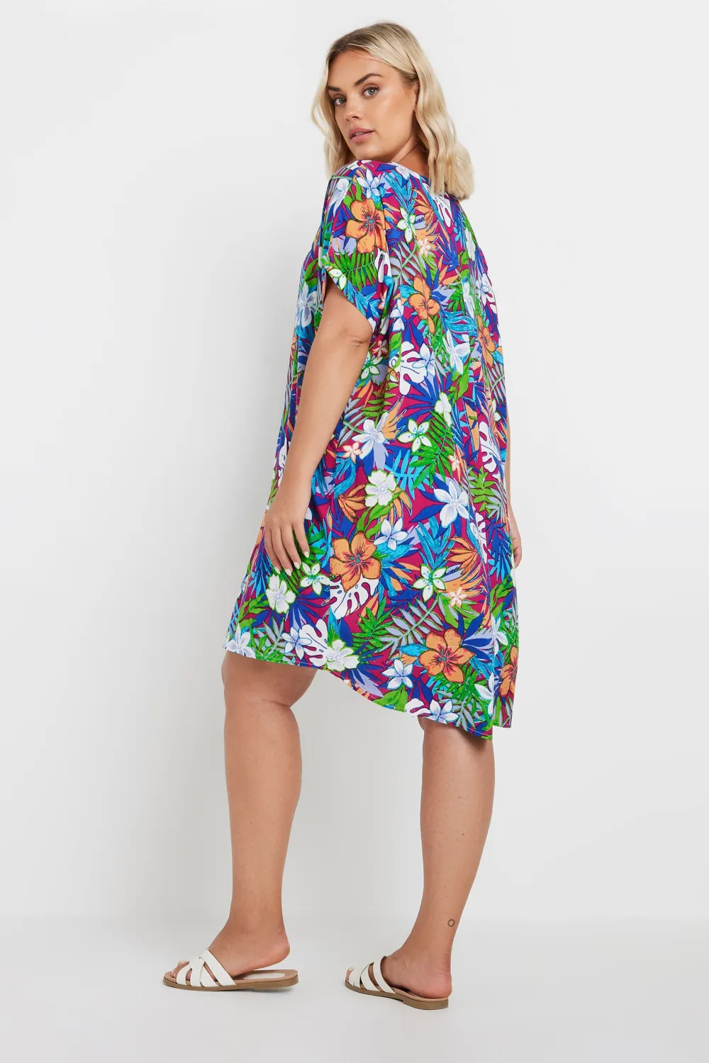 YOURS Curve Blue & Green Tropical Print Tunic Dress