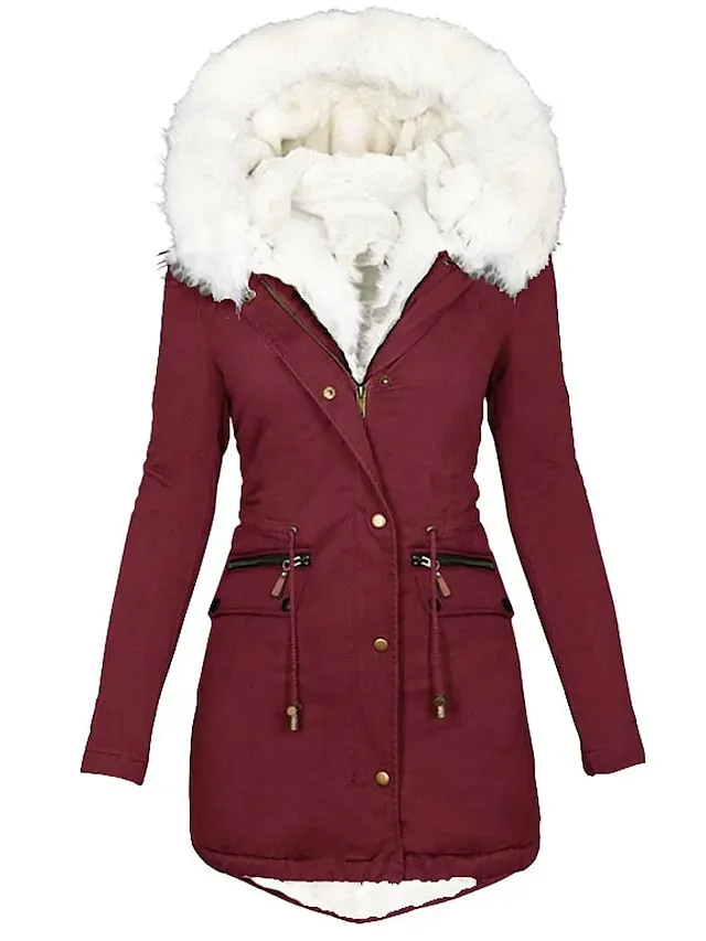 Women's Parka Fleece Lined Puffer Jacket Thicken Winter Coat with Fur Collar Hood Thermal Warm Heated Jacket with Pockets Fall Windproof Zipper Drawstring Outerwear Long Sleeve