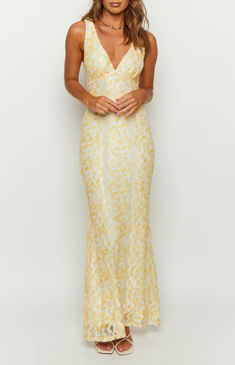 Yellow Floral Lace Maxi Dress