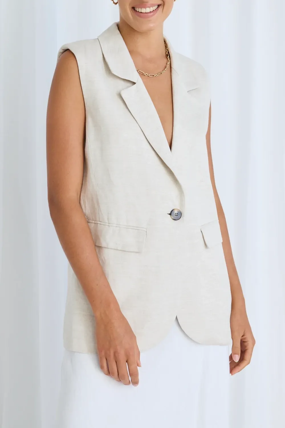 Beige Linen Sleeveless Vest