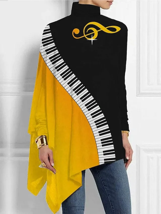 Women's Plus Size Shirt Blouse Butterfly Star Silver Black White Asymmetric Print Long Sleeve Casual Basic High Neck Regular Fit Spring Fall