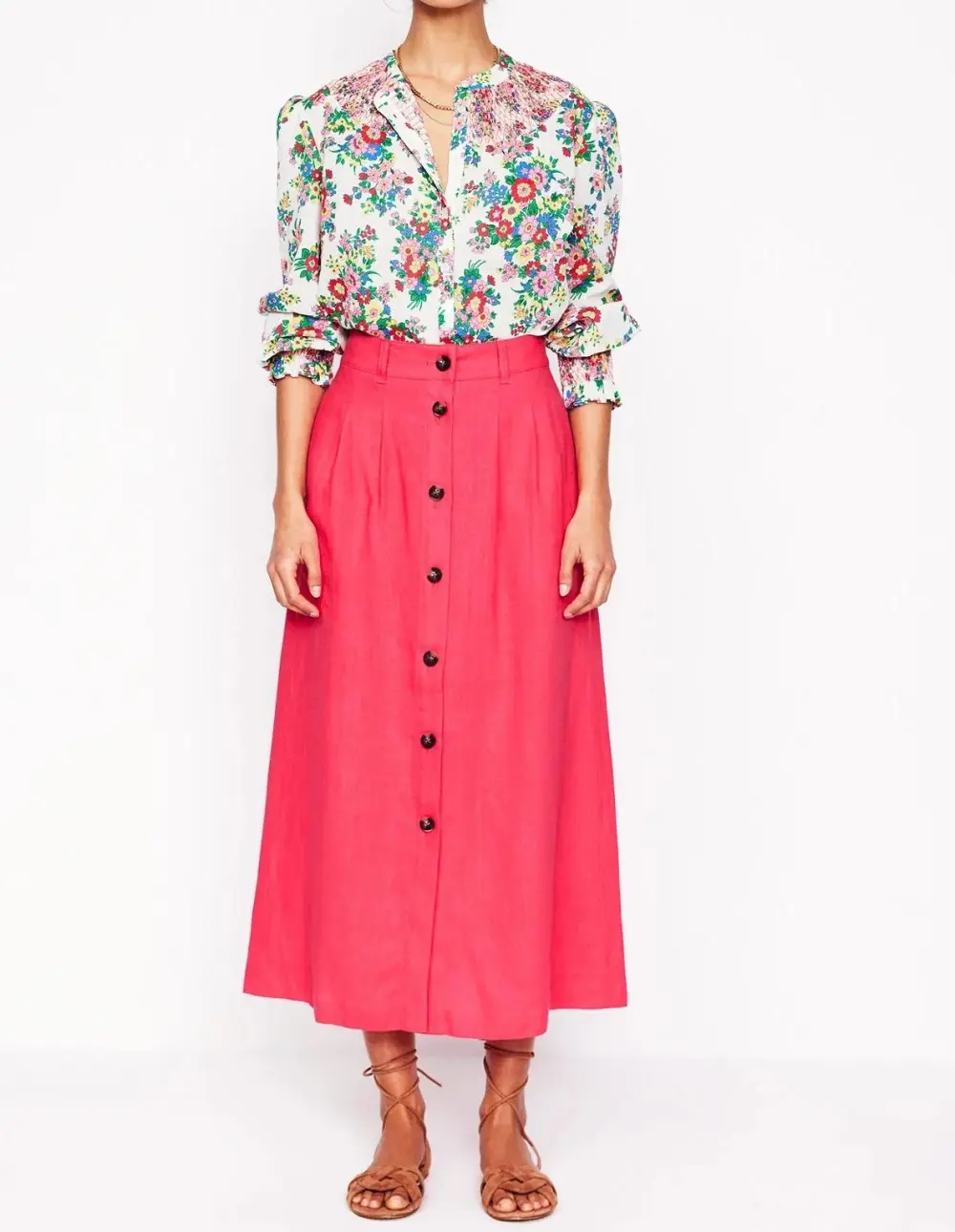 Camelia Pink Linen Midi Skirt