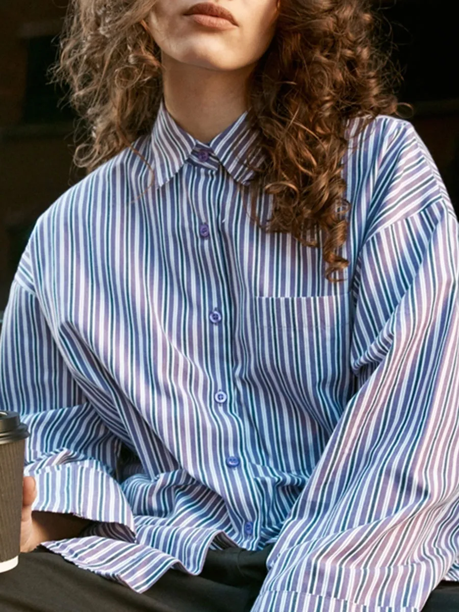 Women'S Casual Color-Block Stripe Long-Sleeve Shirt
