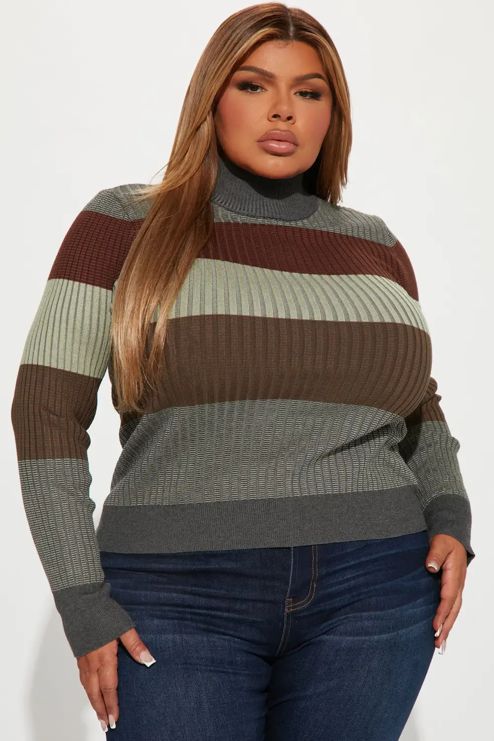 Kyra Mock Neck Ribbed Sweater - Grey/combo