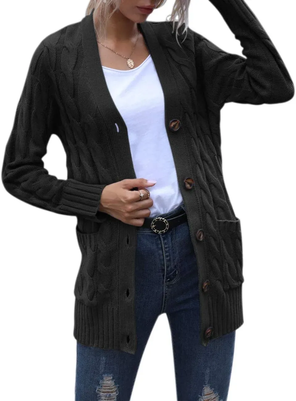 MEROKEETY Women's 2024 Fall Long Sleeve Cable Knit Sweater Open Front Cardigan Button Loose Outerwear