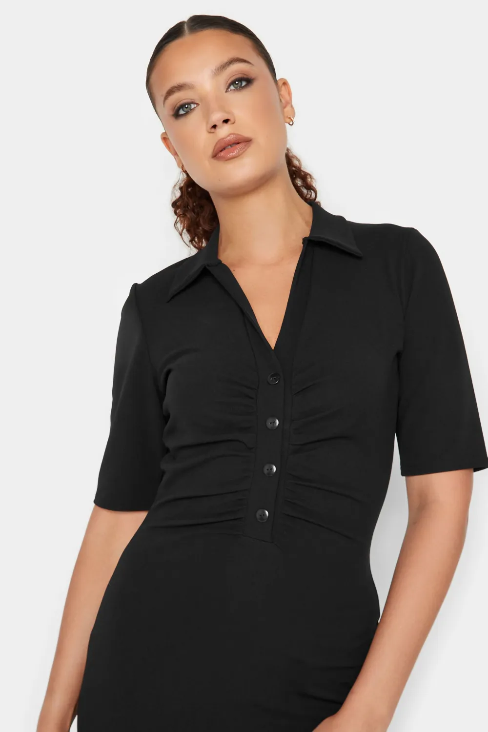 LTS Tall Black Ruched Button Midi Dress