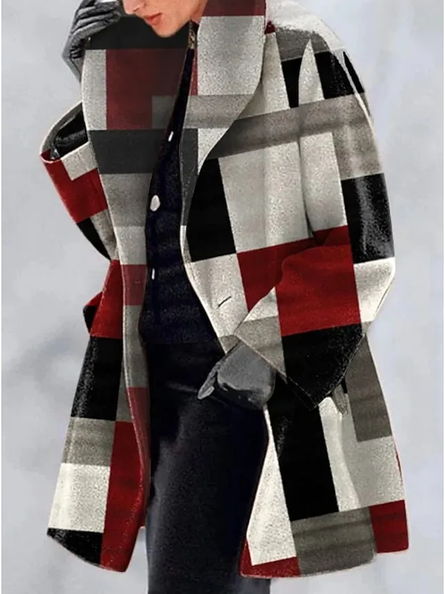 Women's Winter Coat Breathable School Daily Patchwork Single Breasted Lapel Simple Stripes and Plaid Regular Fit Outerwear Long Sleeve Winter Fall Red S M L XL XXL 3XL
