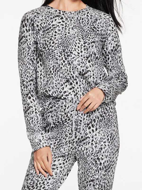 Women'S Cozy Gray-White Leopard Print Slim-Fit Loungewear Set