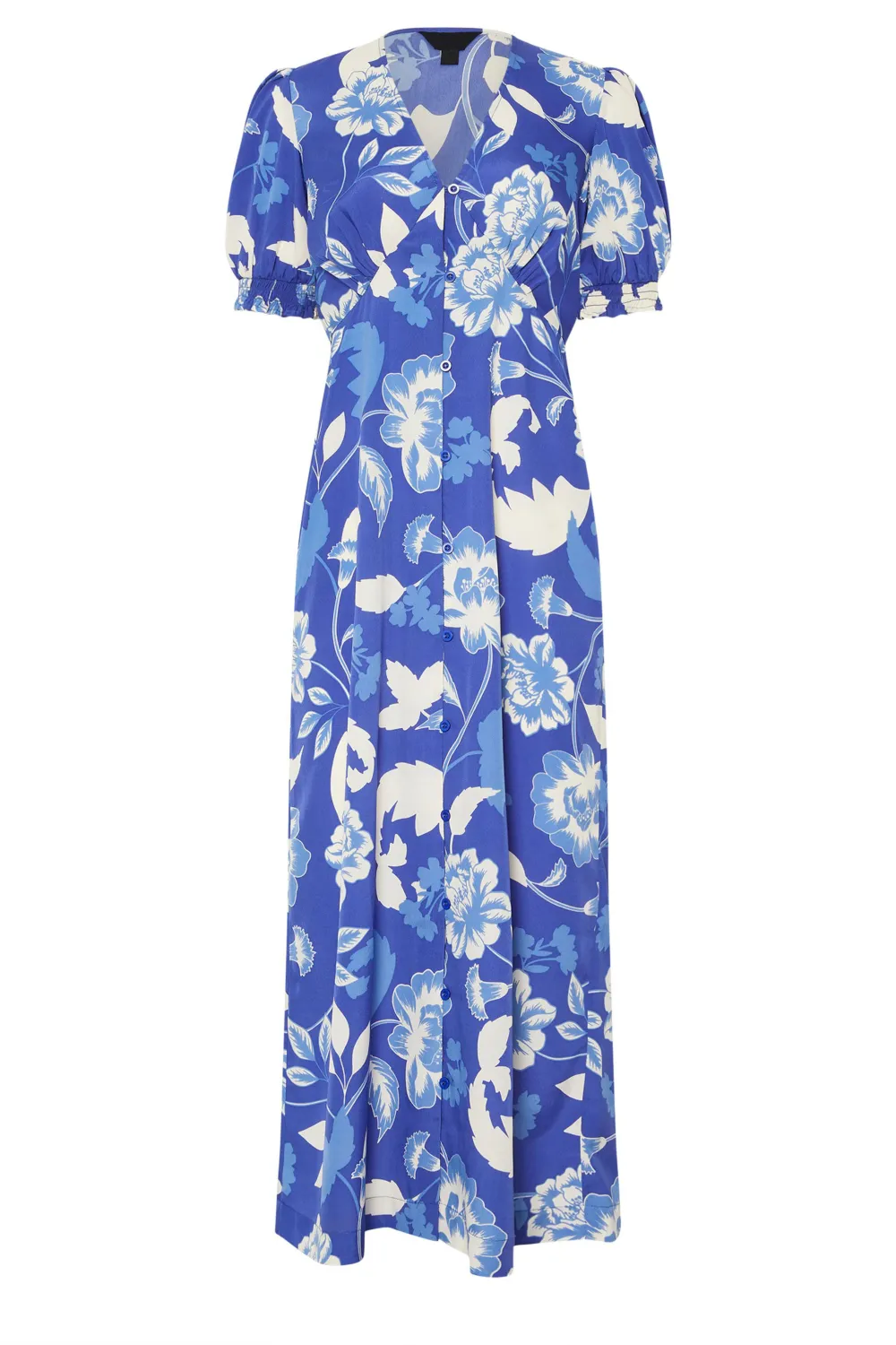 Blue Floral Puff Sleeve Casual Style Tea Dress