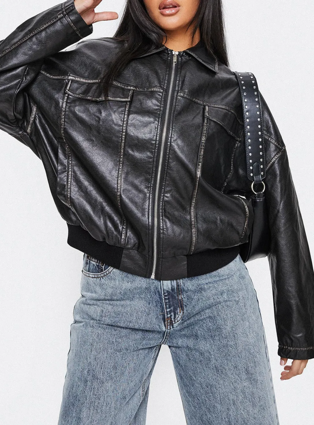 Brown Faux Leather Bomber Jacket