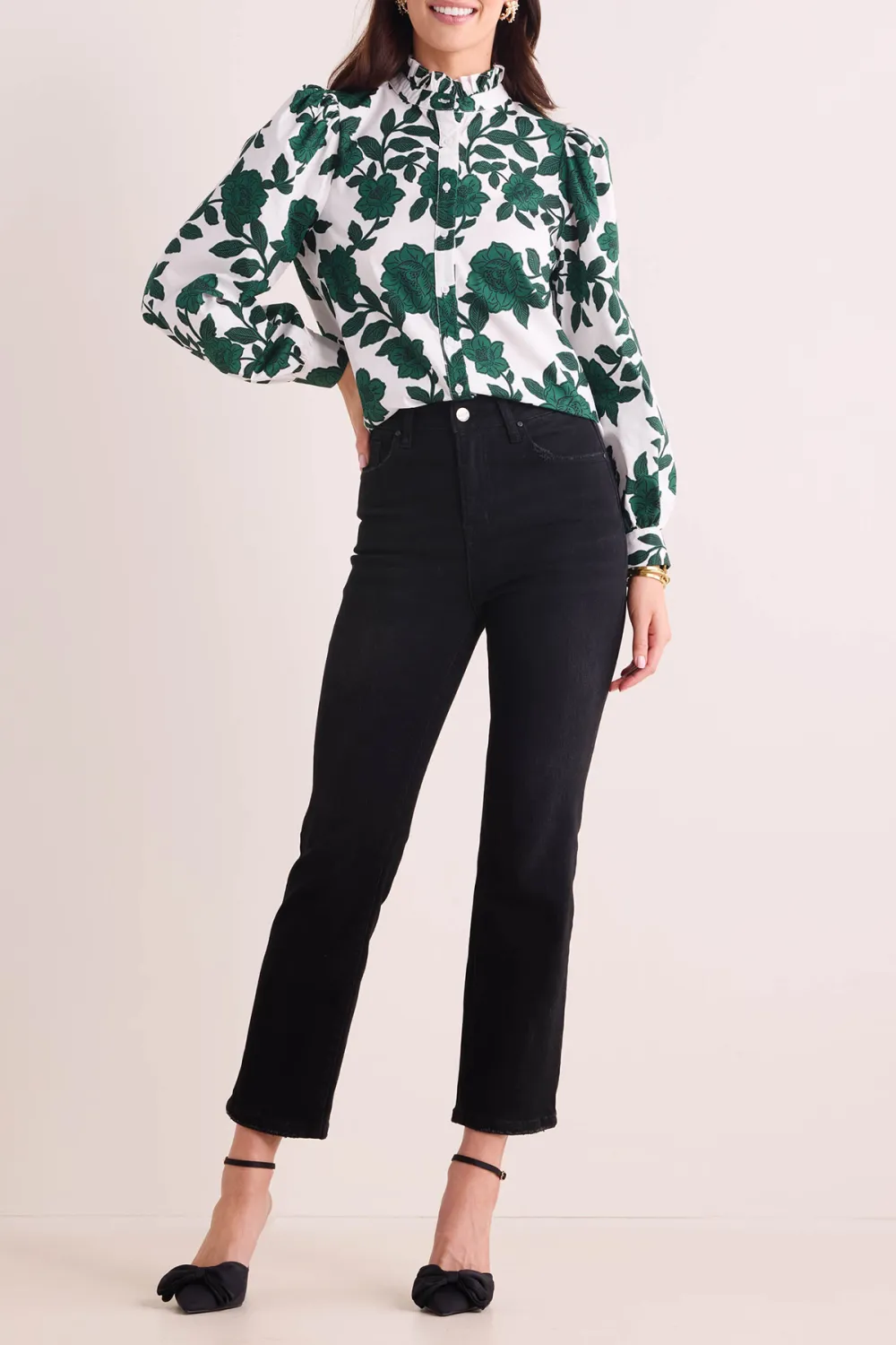 Green Floral Print Stand Collar Button-Front Shirt