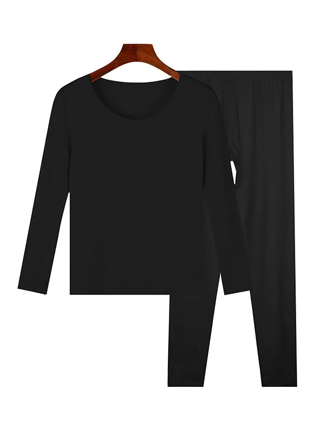 Women‘s Thermal Underwear Pajamas Set Pure Color Warm Comfort Soft Home Daily Bed Polyester Comfort Warm Crew Neck Long Sleeve T shirt Tee Pant Elastic Waist Fall Winter Black Pink