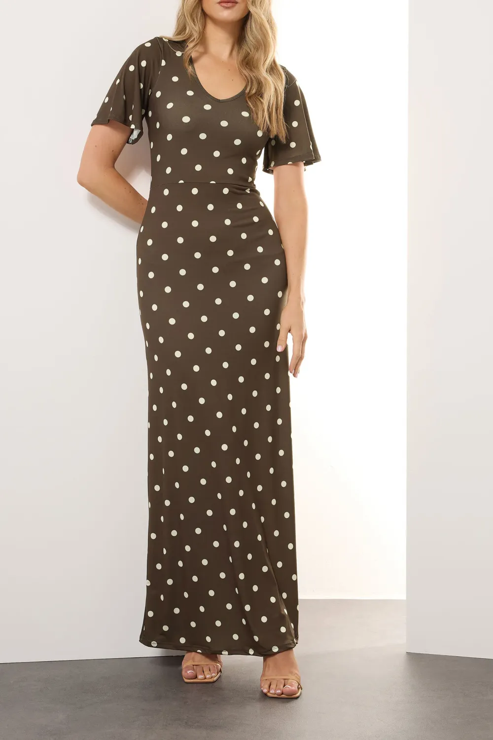 Brown Spot Polkadot Angel Sleeve Maxi Dress