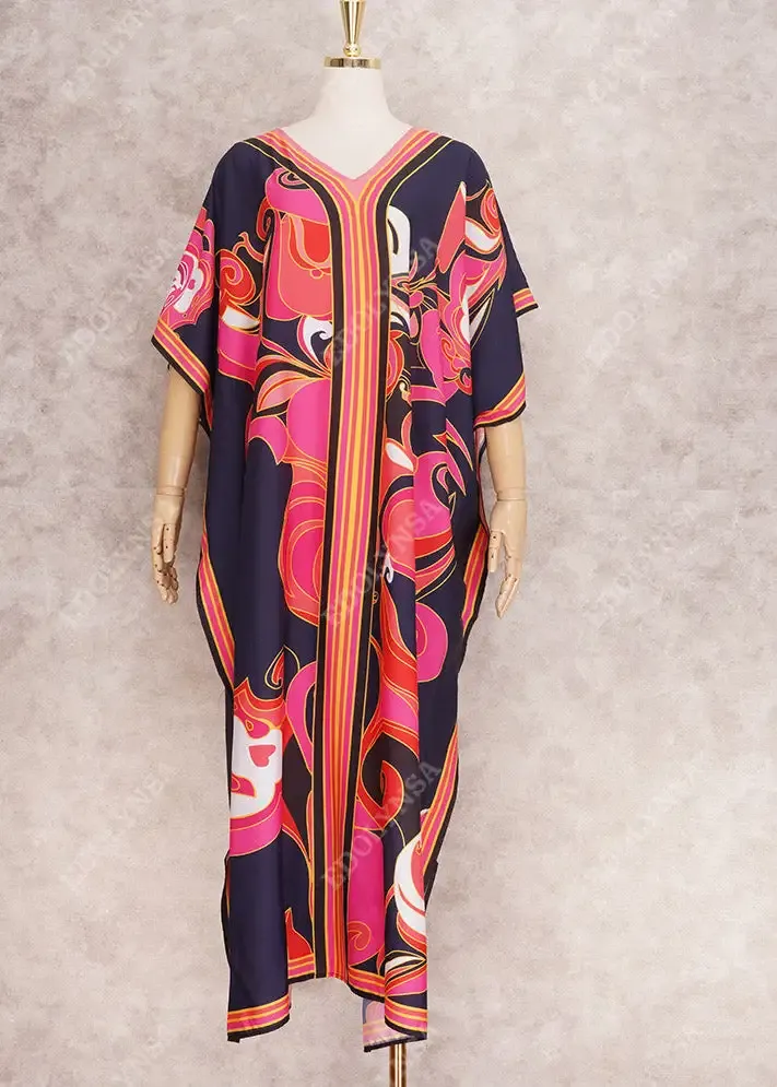 Long Kaftan Bohemian Printed Bikini Cover Ups Sexy V Neck