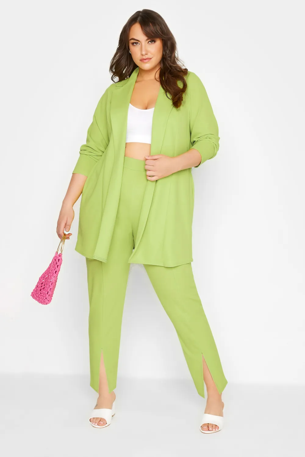 YOURS Curve Lime Green Split Hem Stretch Tapered Trousers