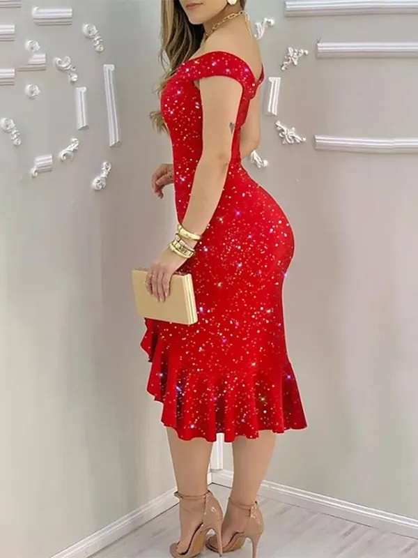 Women's Party Dress Sheath Dress  Knee Length Dress Red starry sky Dark blue starry sky Blue Red Black Sleeveless Elk  Ruffle Split Spring Summer Off Shoulder Elegant Formal Modern Party