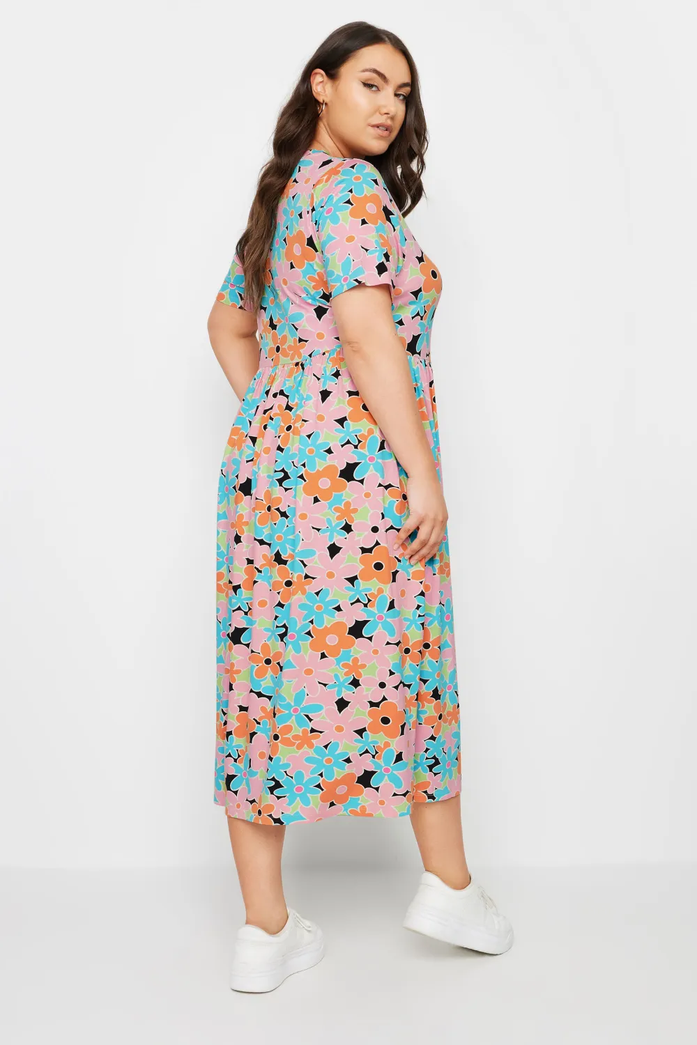 YOURS Curve Orange & Blue Retro Floral Print Smock Dress