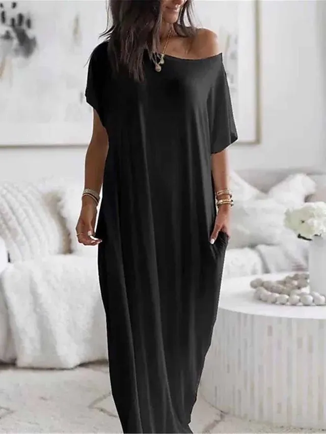 Women's Pajamas Nightgown Dress Pure Color Simple Casual Soft Home Daily Bed Polyester Breathable Short Sleeve Pocket Summer Spring Black White