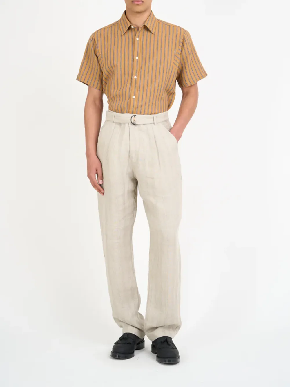 Sand Straight-Leg Belted Linen Trousers