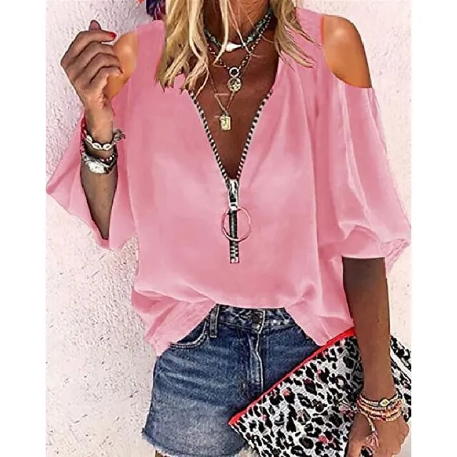 Blouse Women's Solid / Plain Color Hollow Out Zipper Off Shoulder Daily Going out Modern S