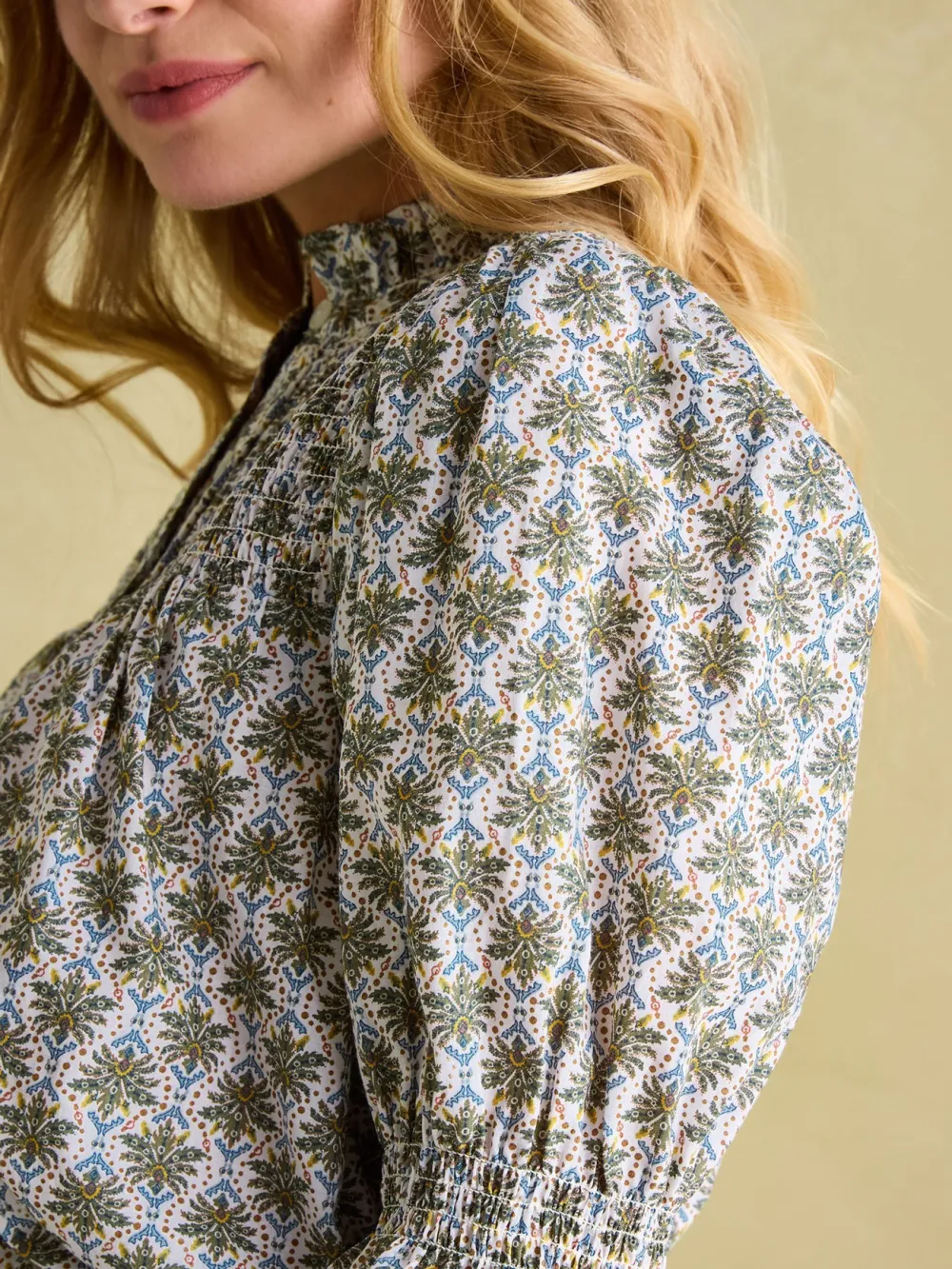 Blue Frill Neck Smocked Blouse