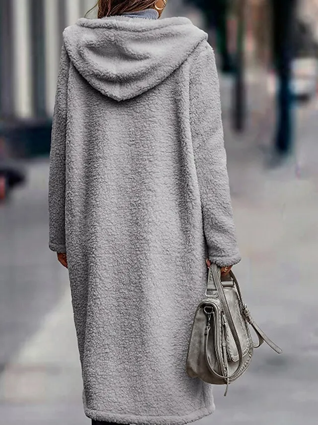 Women's Long Teddy Coat Fall Sherpa Jacket Warm Fleece Daily Going out Button Pocket Buttoned Front Hoodie Casual Solid Color Regular Fit Outerwear Long Sleeve Winter Black Brown Chocolate S M L XL