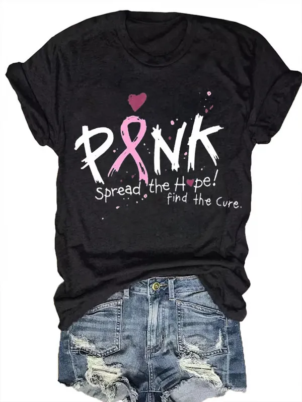 Women'S T-Shirt Women's Pink Spread the Hope Find the Cure Casual Printed T-Shirt