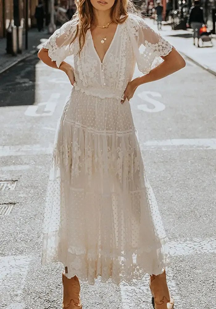 Romance On Repeatv Neck Lace Dress