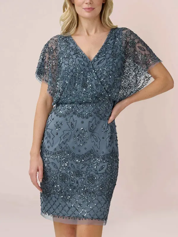 hand-beaded ruffle sleeve corseted short dress