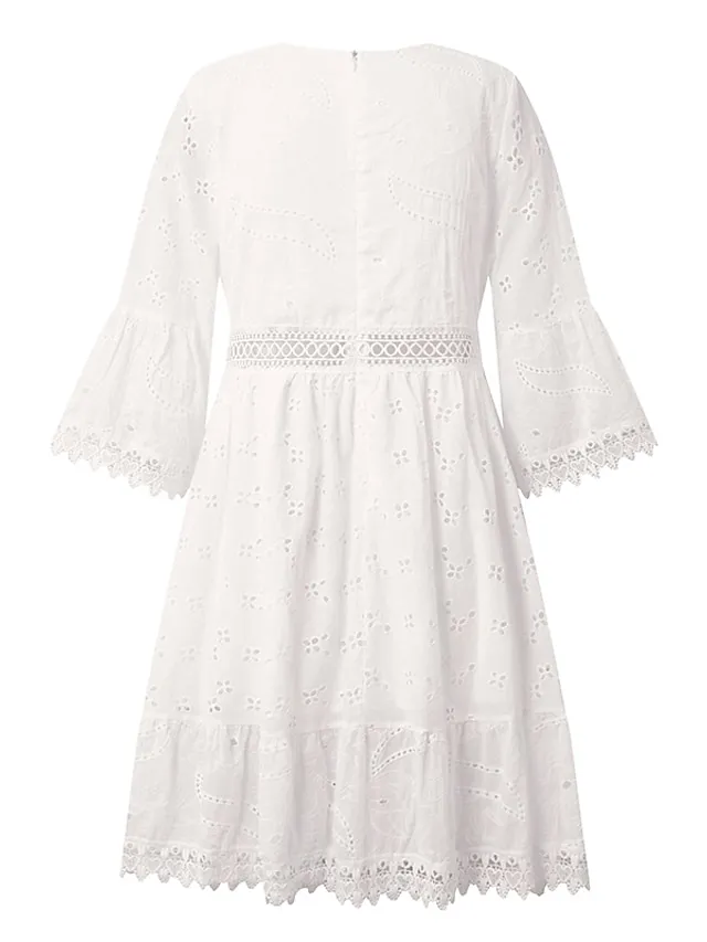 Women‘s Party Dress Casual Dress Lace Dress Mini Dress White Beige 3/4 Length Sleeve Embroidery Ruched Summer Spring Fall V Neck Fashion Wedding Summer Dress Office 2023 S M L XL 2XL 3XL