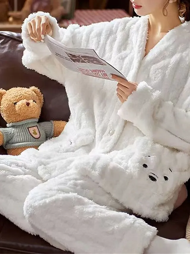 Women's Fleece Fluffy Fuzzy Warm Pajamas Sets Animal Warm Casual Comfort Home Bed Flannel Warm Breathable V Wire Long Sleeve Shirt Pant Button Pocket Fall Winter White Yellow