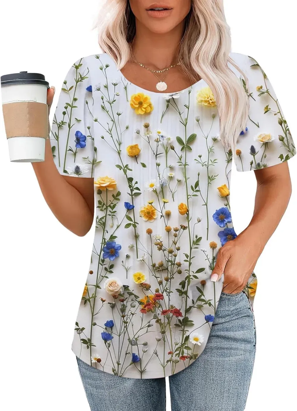 Womens Summer Pleated Front Shirts Tunics Casual Short Sleeved Loose Round Neck Boho Printed Tops Vacation Blouse