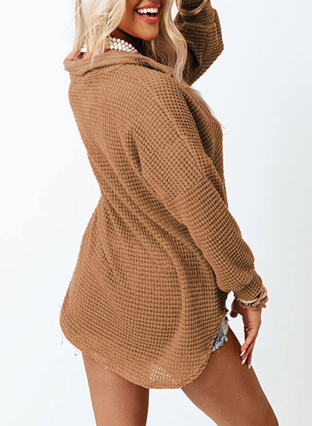 Womens Waffle Knit Button Down Shirts Casual Long Sleeve Shacket Jacket Boyfriend Tops Blouses Loose Fit