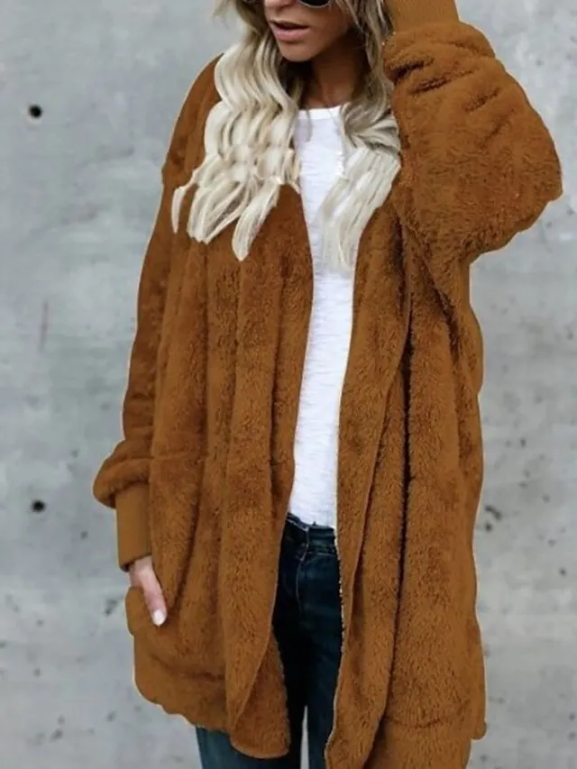 Women's Fleece Jacket Sherpa Jacket Teddy Coat Coat Outdoor Street Daily Fall Winter Long Coat Regular Fit Warm Breathable Casual Jacket Long Sleeve Solid Color Pocket with Pockets Black White Pink