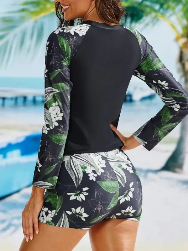 Vacation Floral Printing Crew Neck Surf Suit