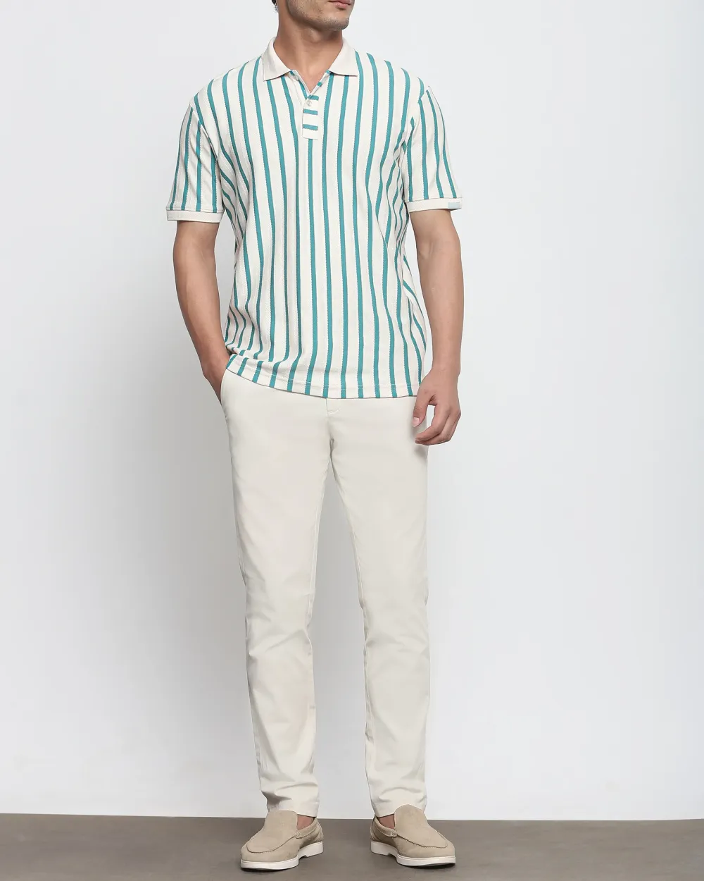 Daily Simple Teal Striped Textured Polo Shirt