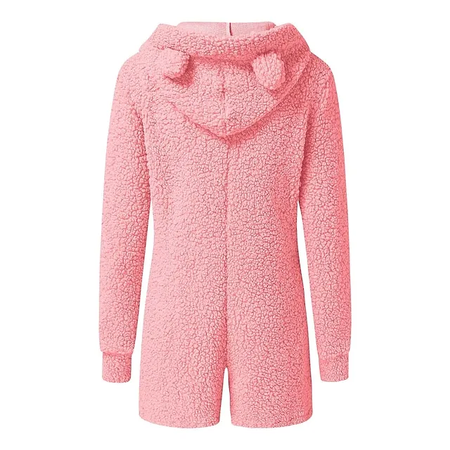 Women's Fleece Adult Onesies Bear Onesie Pajamas Pjs Pure Color Warm Simple Plush Party Home Fleece Hoodie Long Sleeve Fall Winter Skin powder Black