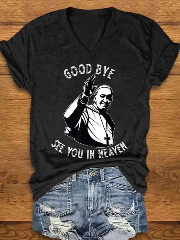 Women's Good Bye See You In Heaven Print Short Sleeve V-Neck Cotton T-Shirt