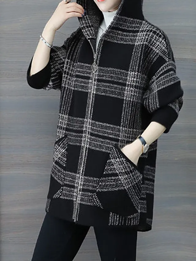 Women's Hoodie Jacket Fall Zip up Sweatshirt Plaid Print Winter Cropped Coat Windproof Warm Casual Jacket Long Sleeve Plaid with Pockets Black