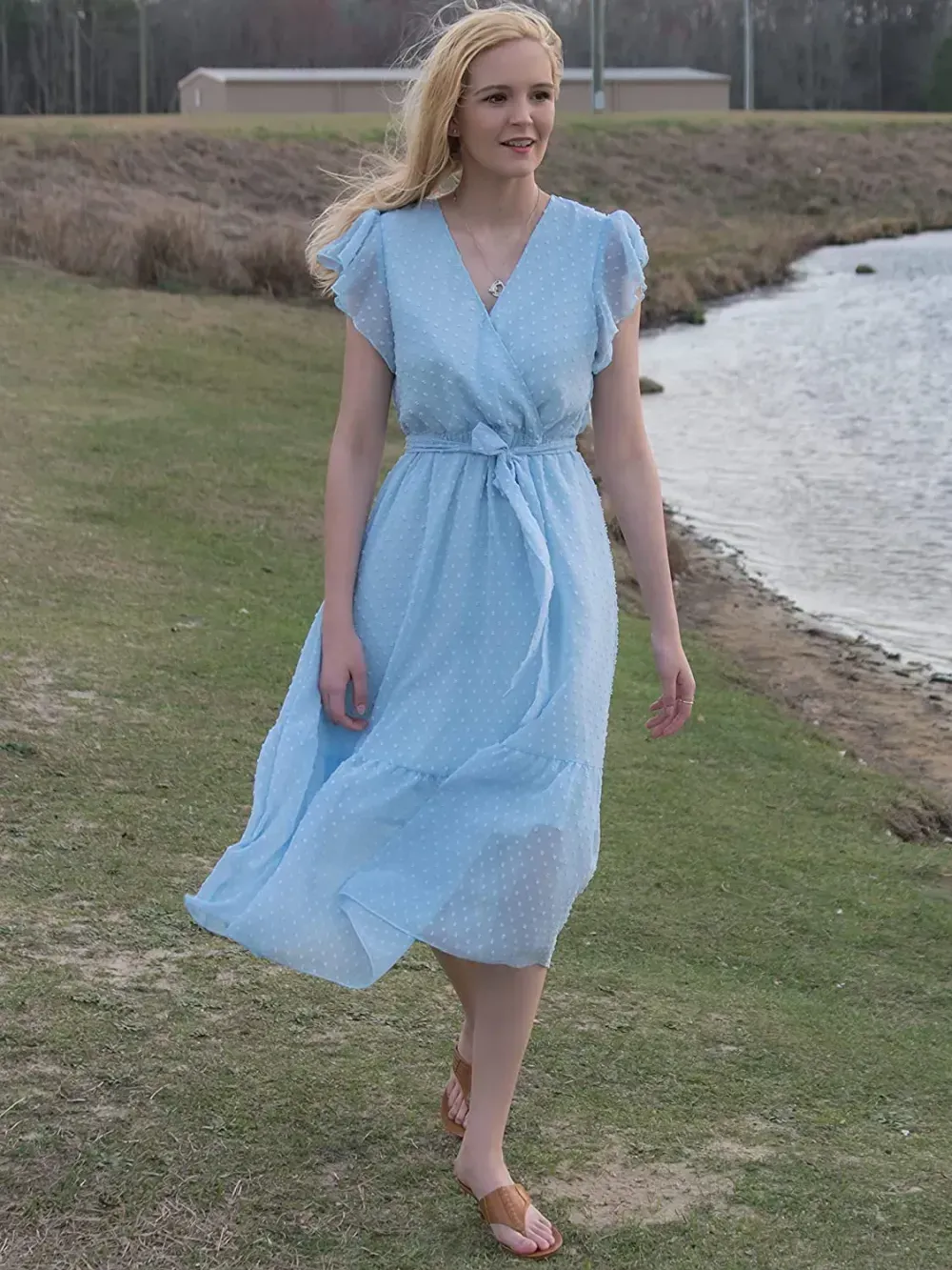 Women Summer Bohemian Floral Casual Wrap V Neck Ruffle Cap Sleeveless Belt A-Line Pleated Hem Swing Midi Sun Dress