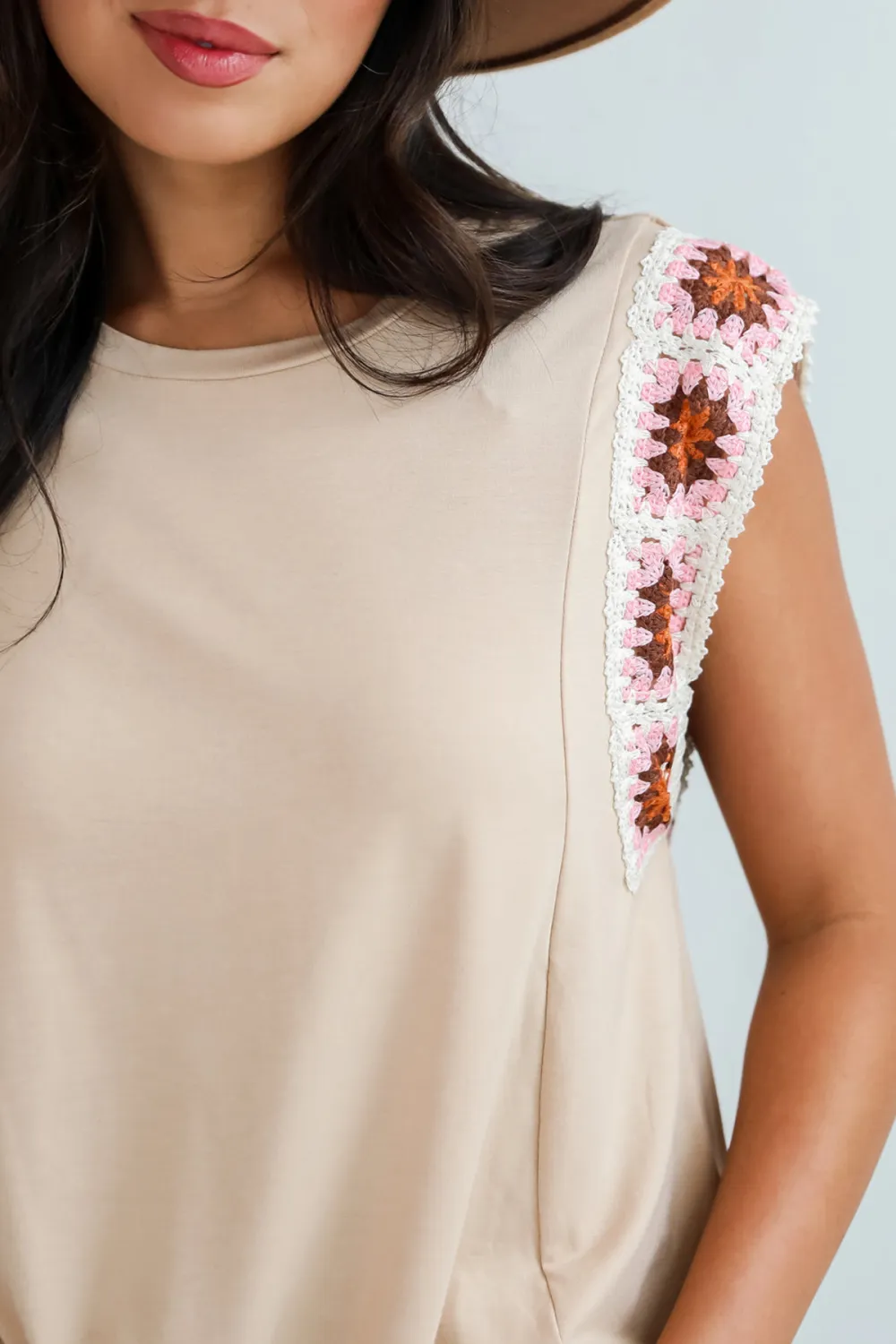 Adored Cutie Mocha Crochet Sleeve Top