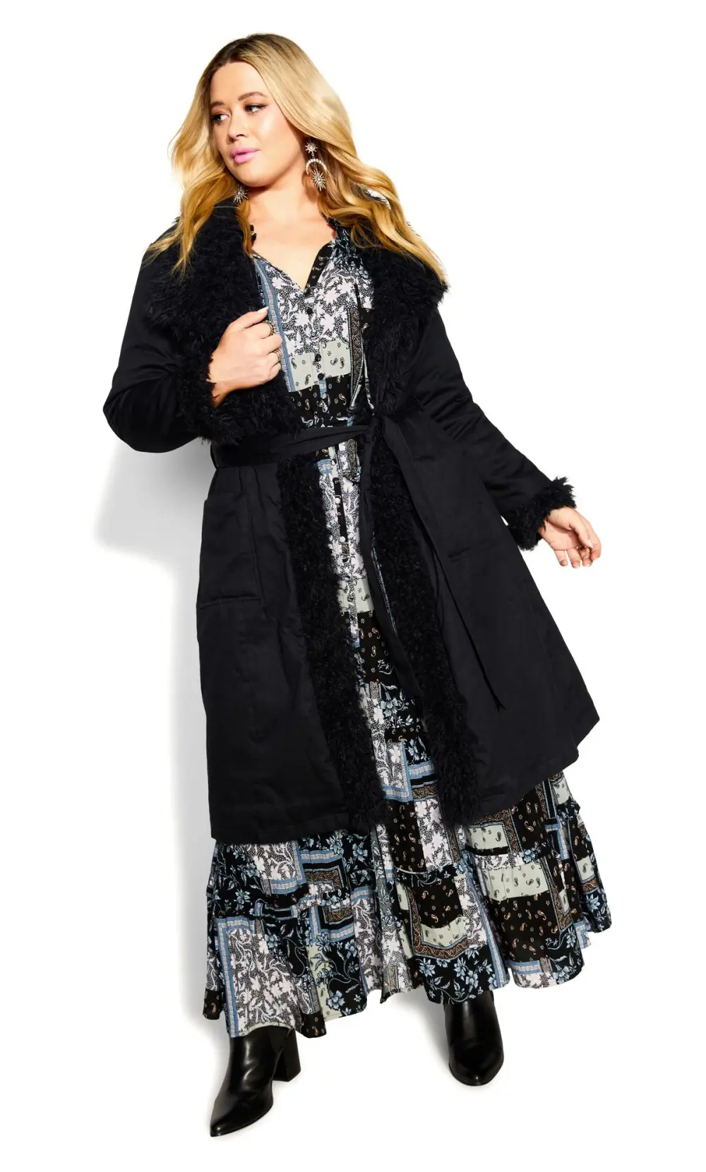 Evans Black Faux Fur Trim Tie Waist Coat