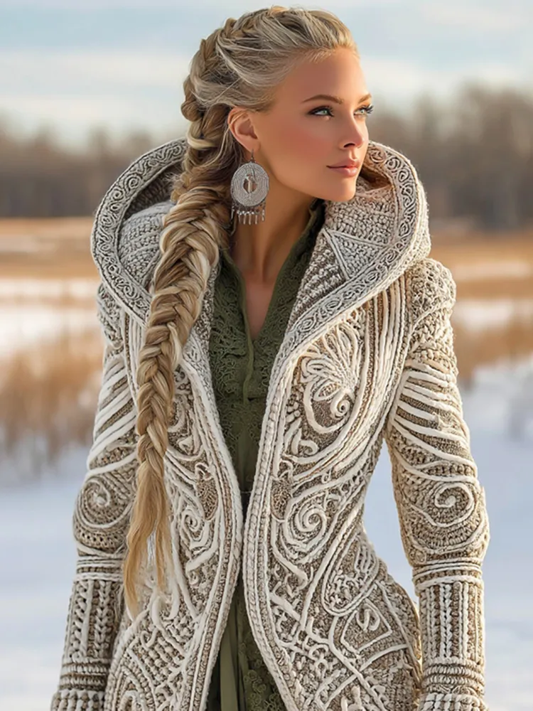Women's Vintage Viking Celtic Knit Cozy Zipper Sweater Jacket