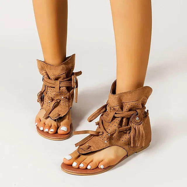 Women's Sandals Flat Sandals Gladiator Sandals Roman Sandals Outdoor Daily Beach Summer Lace-up Flat Heel Open Toe Vintage Casual Canvas Synthetics Loafer Solid Color Solid Colored Black Yellow Brown